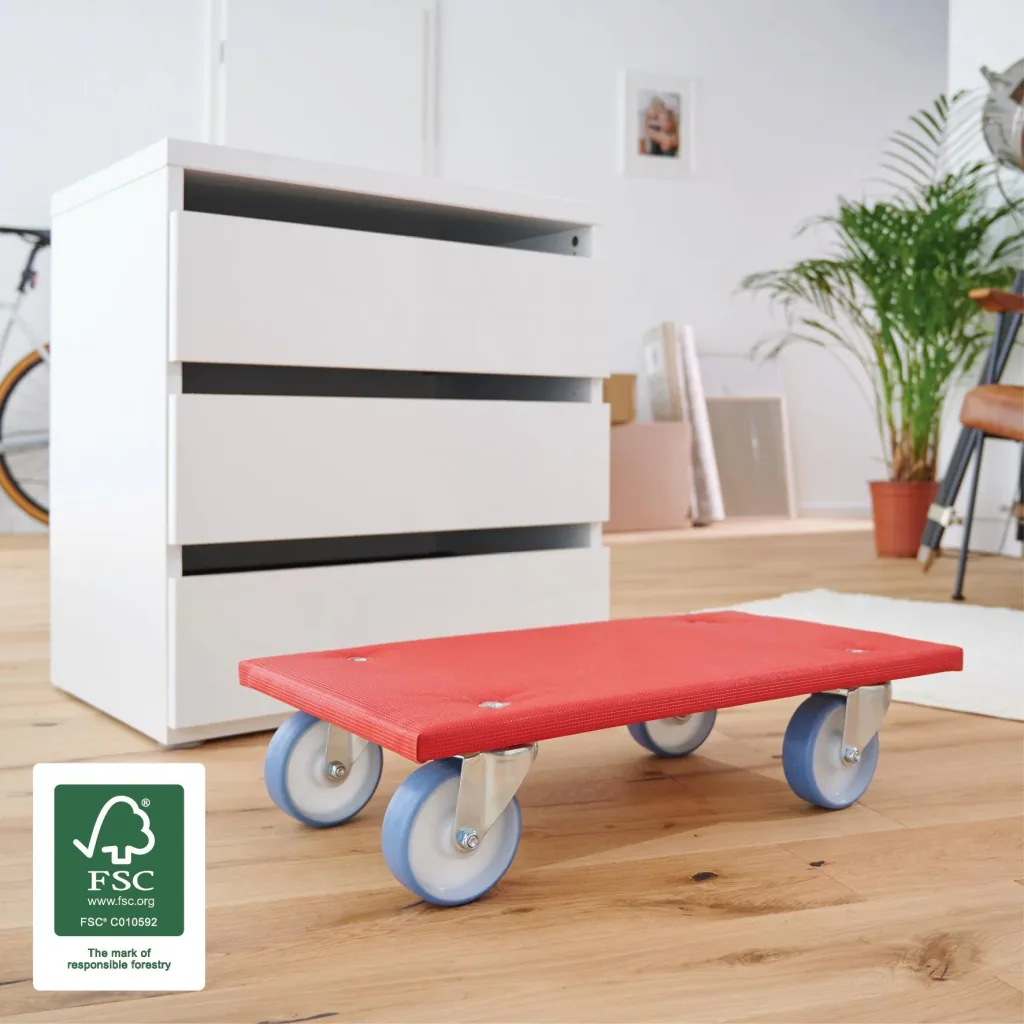 Transporthilfe MM 1396, 57,5 x 30 x 14 cm, softe Rollen Ø 100 mm, Rollenlager, Platte FSC® bezogen, Tragkraft 400 kg