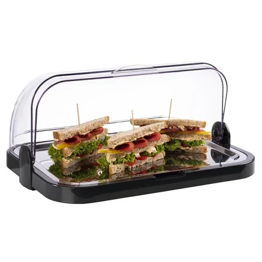 Buffetvitrine 44 x 32 cm, beidseitig aufklappbar, transparente Rolltophaube, rostfreies Edelstahl-Tablett, 2 Kühlakkus
