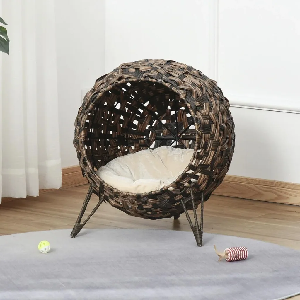 Katzenhaus aus Rattan mit Kissen Katzenshclafplatz Katzenhöhle mit erhöhten Füßen Braun Ø52 x 58 cm