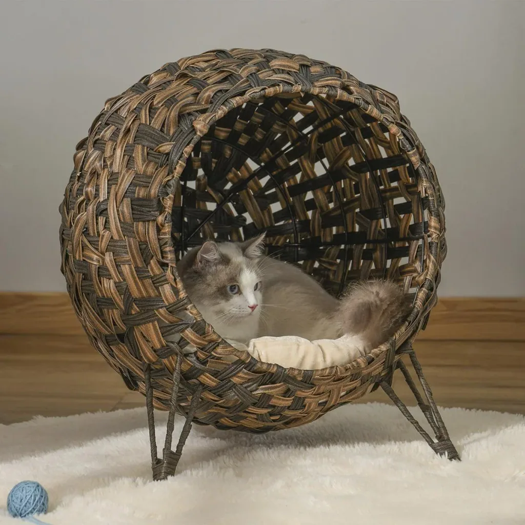 Katzenhaus aus Rattan mit Kissen Katzenshclafplatz Katzenhöhle mit erhöhten Füßen Braun Ø52 x 58 cm