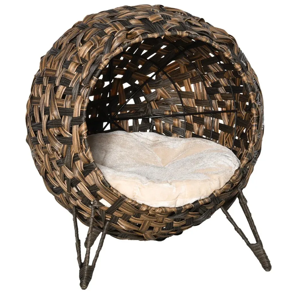 Katzenhaus aus Rattan mit Kissen Katzenshclafplatz Katzenhöhle mit erhöhten Füßen Braun Ø52 x 58 cm