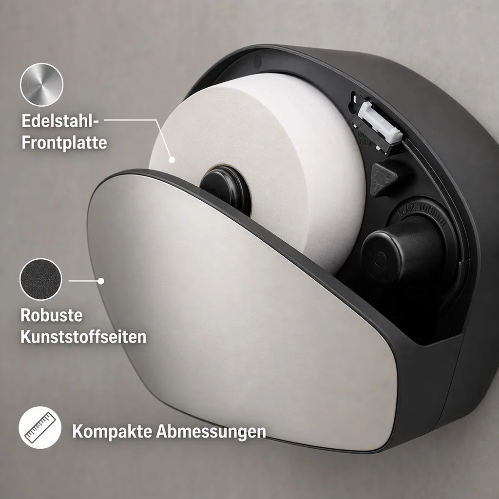 Toilettenpapierhalter, Klopapierhalter, Toilettenpapierspender - PQXJumbo, Großrollenspender mini, Restrolle Funktion, Edelstahl/Kunststoff