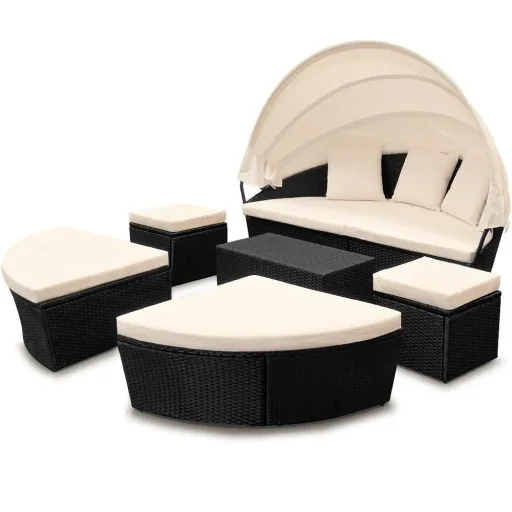Polyrattan-Sonneninsel oval 226cm schwarz mit Sonnendach