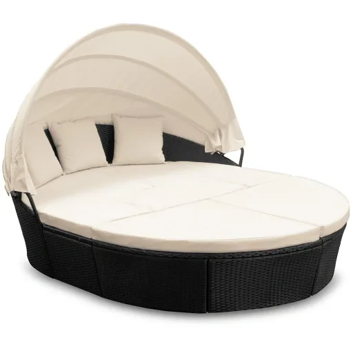Polyrattan-Sonneninsel oval 226cm schwarz mit Sonnendach