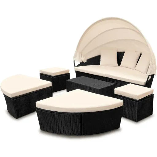 Polyrattan-Sonneninsel oval 226cm schwarz mit Sonnendach