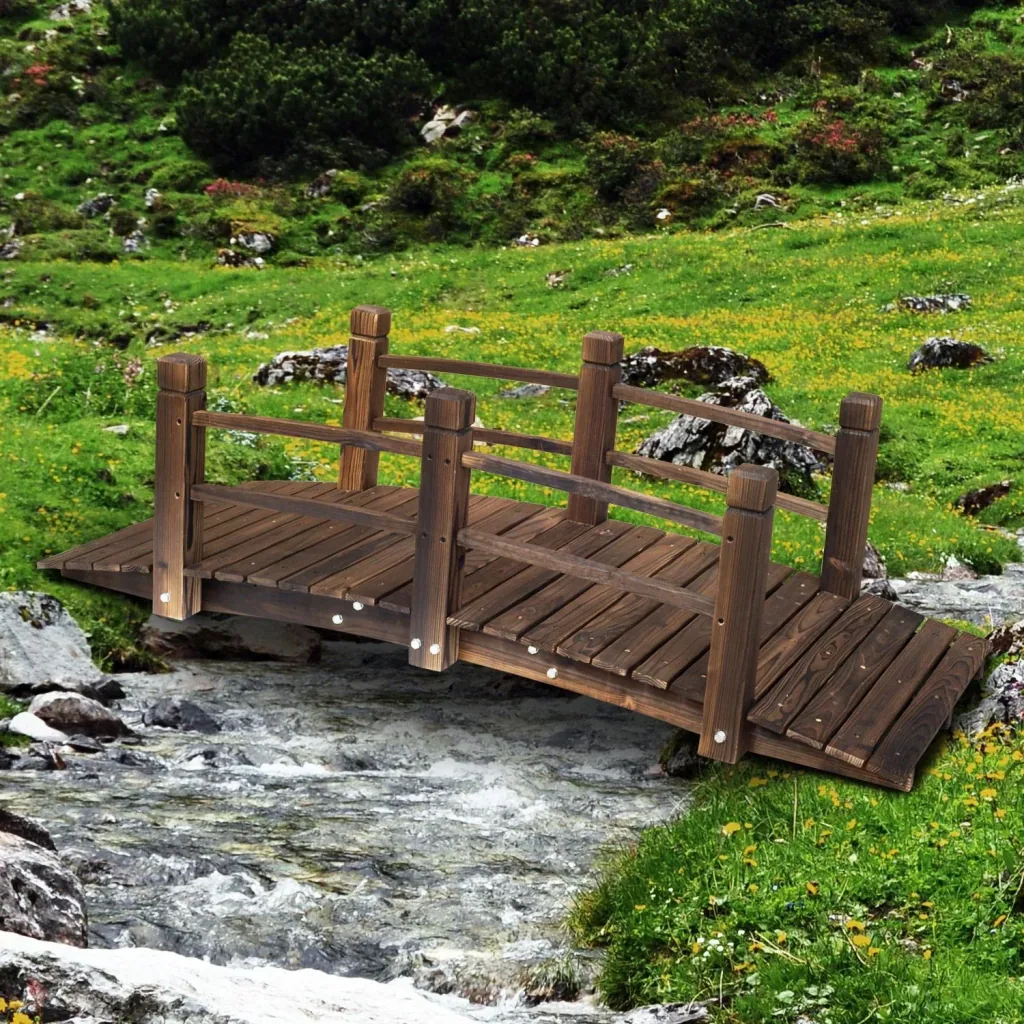 Gartenbrücke Holzbrücke Holzsteg Teichbrücke Zierbrücke mit Geländer bis 180 kg Tannenholz Dunkelbraun 152,5 x 67 x 48 c