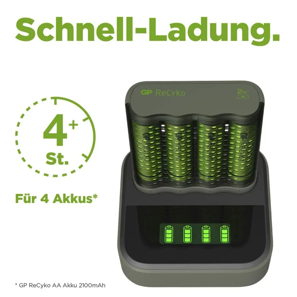 USB Schnellladegerät mit Docking Station, LCD Ladestandsdisplay für 4 AA / AAA NiMH Akkus inklusive 4 ReCyko (AA) 2600mA