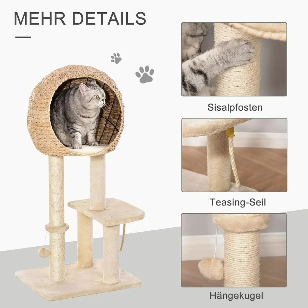 Katzenbaum Kratzbaum Kätzchen Möbel mit Katzenhöhle Ballspielzeug Sisal weiche Plüsch Höhe 100 cm Beige