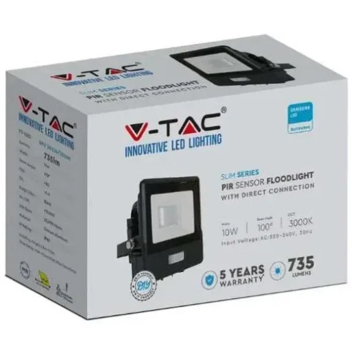 VT-118S LED-Flutlicht mit Sensor - 10 W - 735 Lm - 3000K - Schwarz