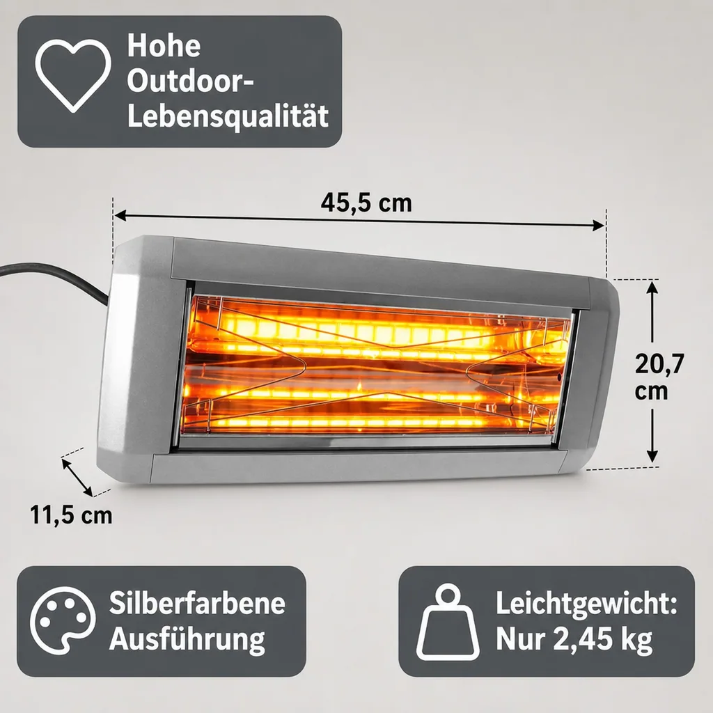 Heizstrahler, Terrassenheizstrahler, Wärmestrahler terrasse - Modell HELIOSA 9, Mit Schutzgitter, Infrarot, Silber