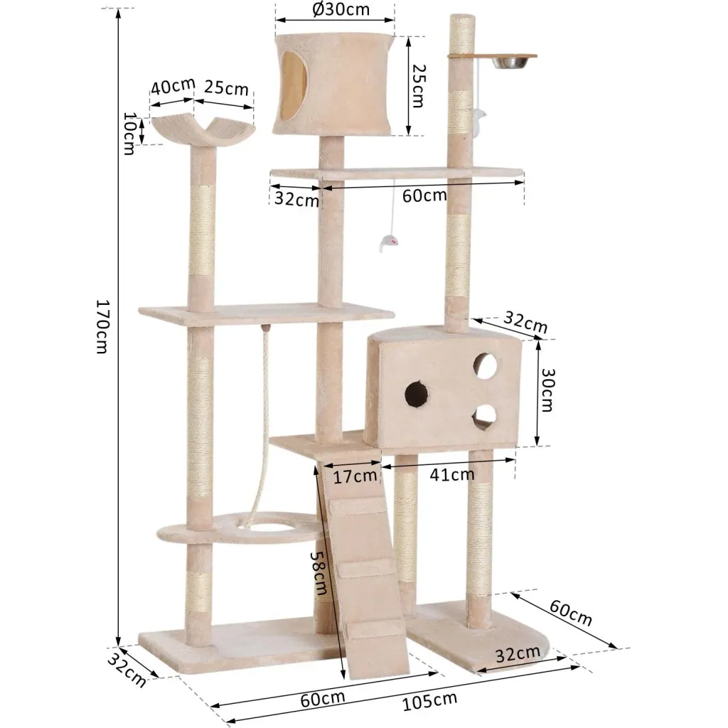Kratzbaum Katzenbaum Kletterbaum Futterschale Leiter Beige L150 x B60 x H170 cm