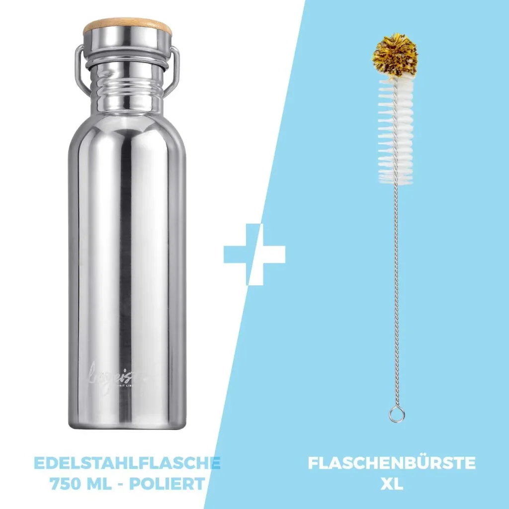 Edelstahlflasche 750ml, poliert mit aquabook Flaschenbürste XL