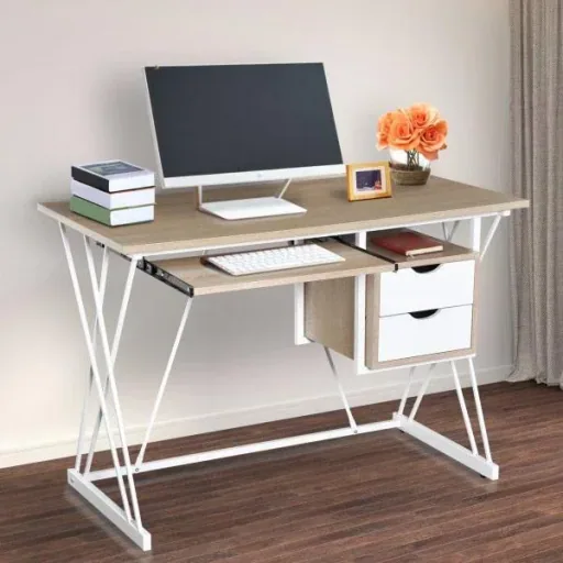 Computertisch PC-Tisch Arbeitstisch mit Tastaturauszug Schublade Eiche+Weiß 110 x 55 x 76 cm