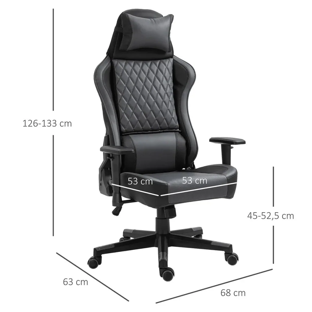 Ergonomischer Gaming Stuhl, mit Wippfunktion höhenverstellbar PU Stahl, Schwarz+Grau, 68 x 63 x 126-133 cm