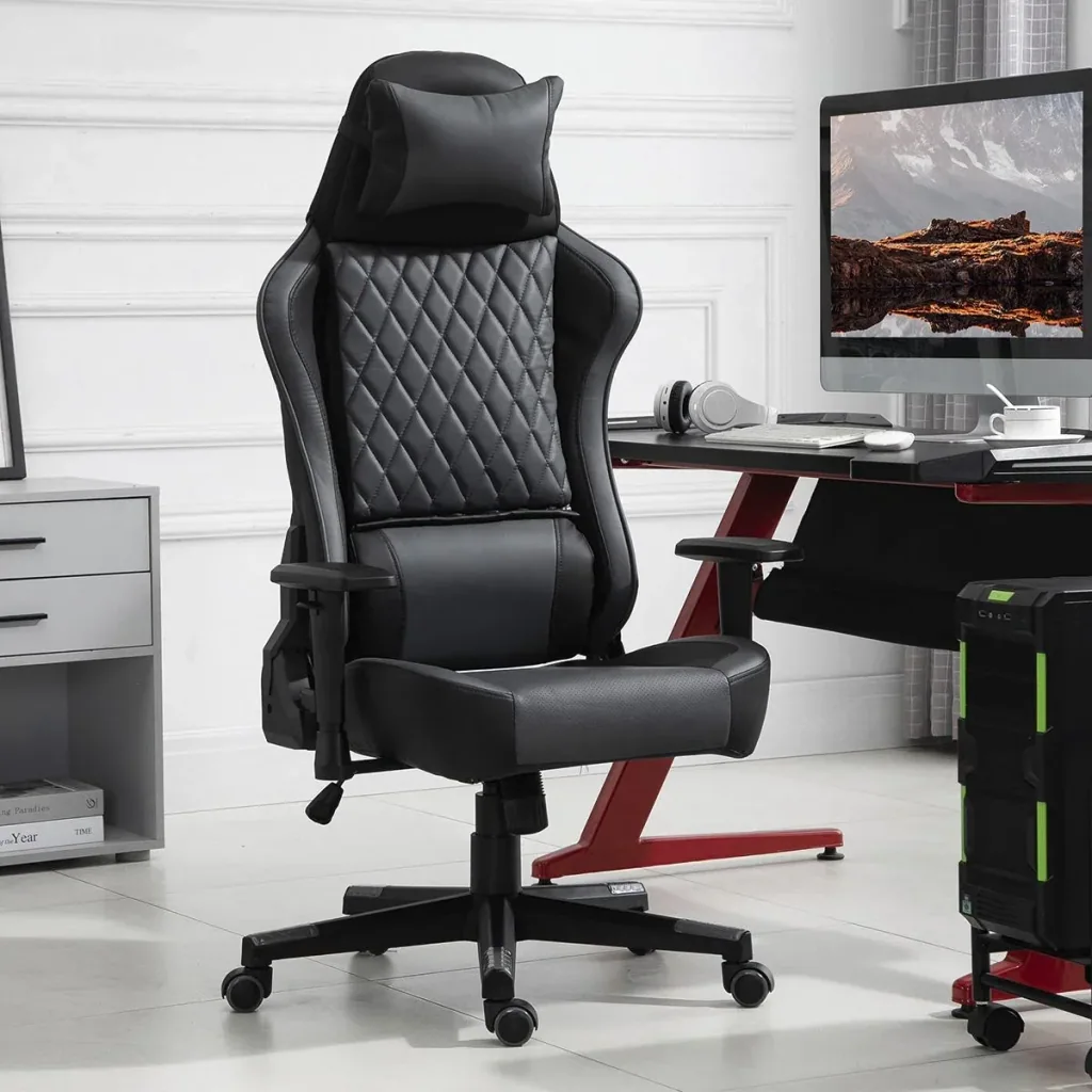 Ergonomischer Gaming Stuhl, mit Wippfunktion höhenverstellbar PU Stahl, Schwarz+Grau, 68 x 63 x 126-133 cm