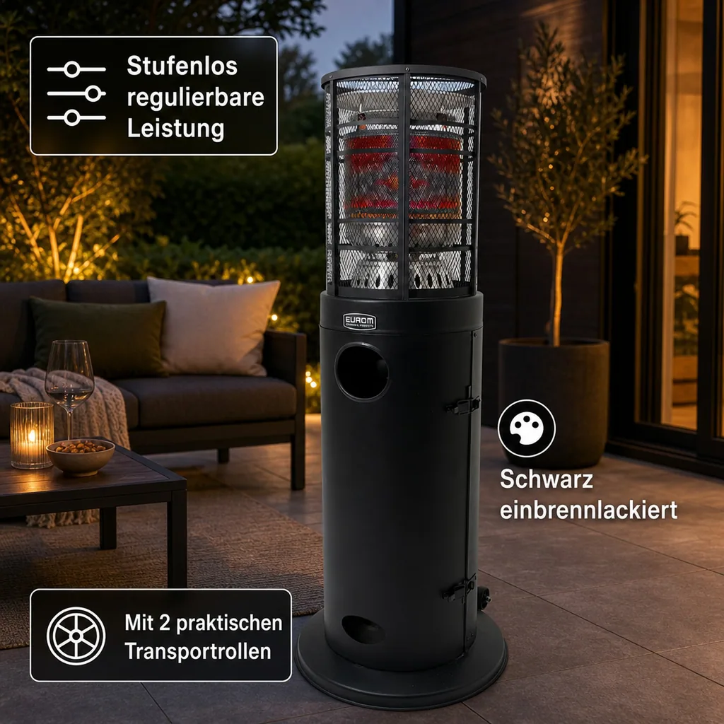 Gasheizstrahler, Terrassenstrahler gas, Heizpilz gas - Modell Area Loungeheater, mit Schutzgitter, Metall, Schwarz