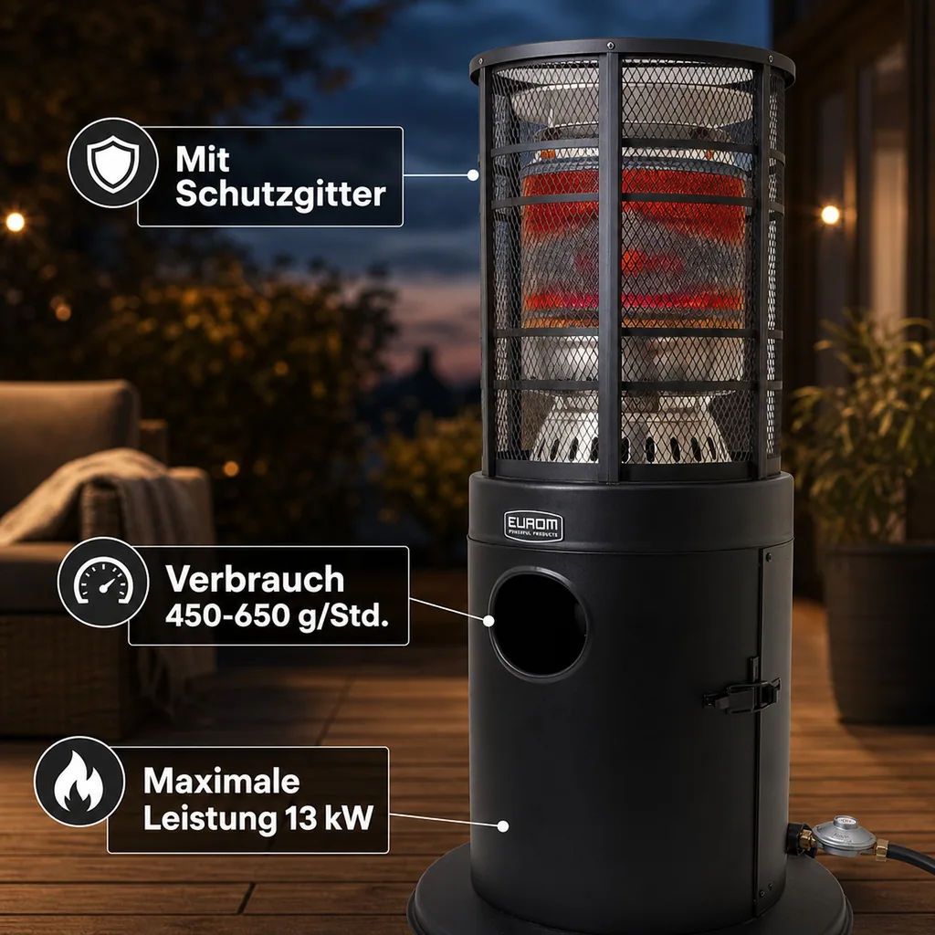 Gasheizstrahler, Terrassenstrahler gas, Heizpilz gas - Modell Area Loungeheater, mit Schutzgitter, Metall, Schwarz