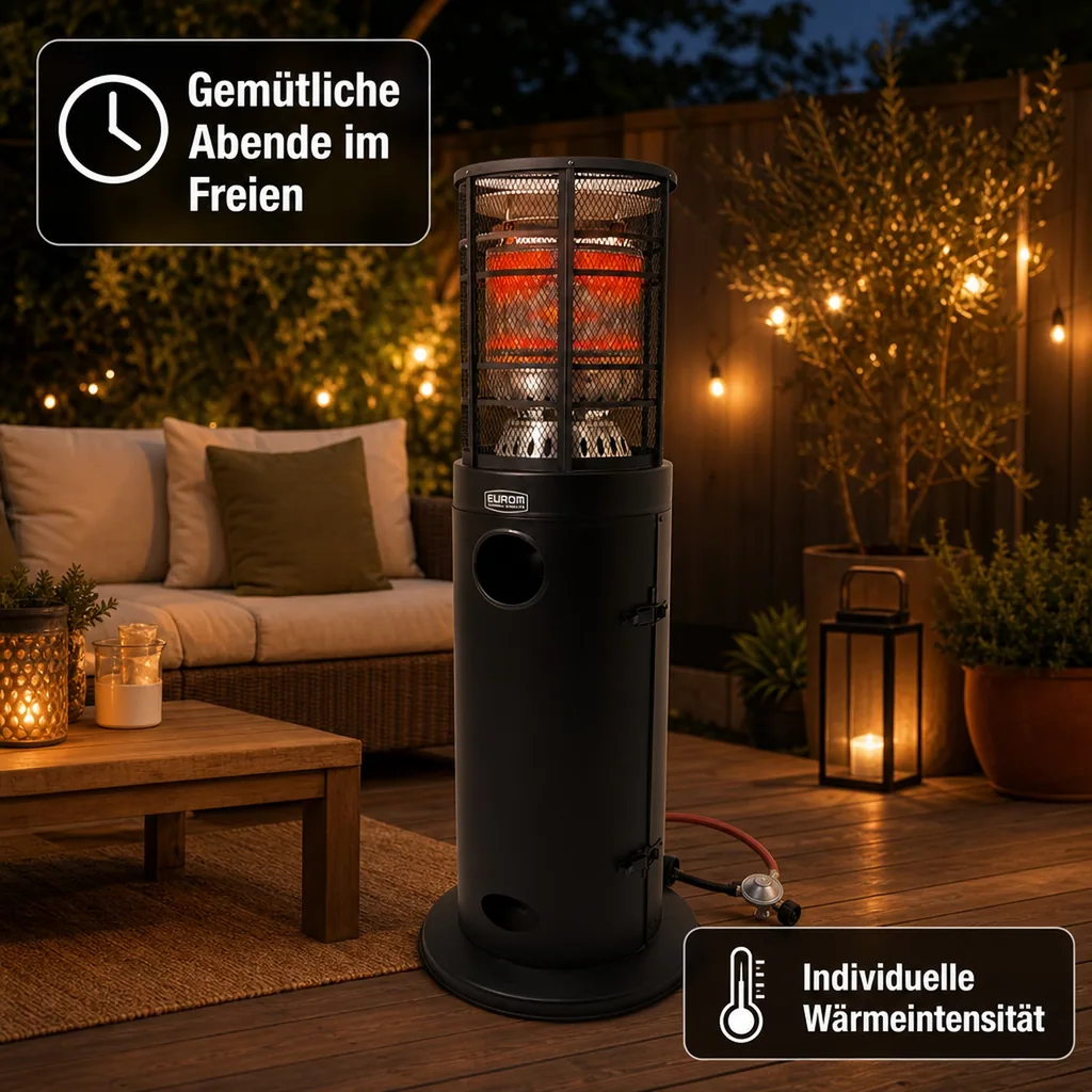 Gasheizstrahler, Terrassenstrahler gas, Heizpilz gas - Modell Area Loungeheater, mit Schutzgitter, Metall, Schwarz