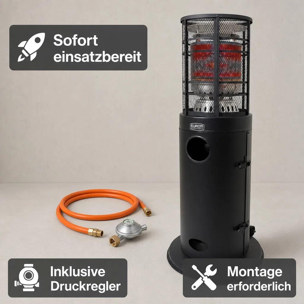 Gasheizstrahler, Terrassenstrahler gas, Heizpilz gas - Modell Area Loungeheater, mit Schutzgitter, Metall, Schwarz