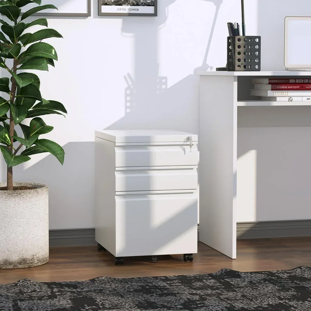 Rollcontainer mit 3 Schubladen Aktenschrank Büroschrank mit Rädern Bürocontainer mit konkavem Griff für Home-Office Stah
