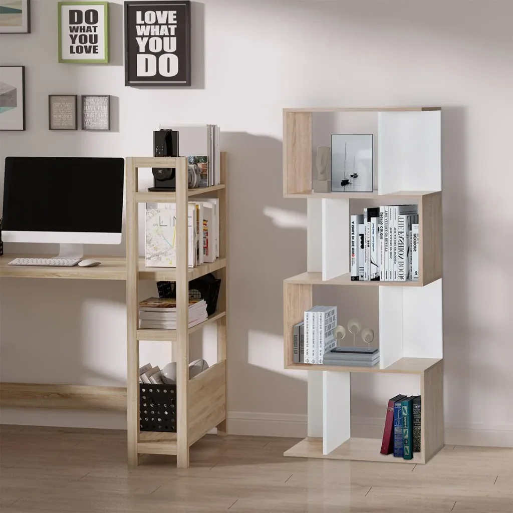 Bücherregal S-förmiges Standregal Lagerregal 4-stufige Vitrine mit Hardware-Schnalle moderner Raumteiler Spanplatte Nat