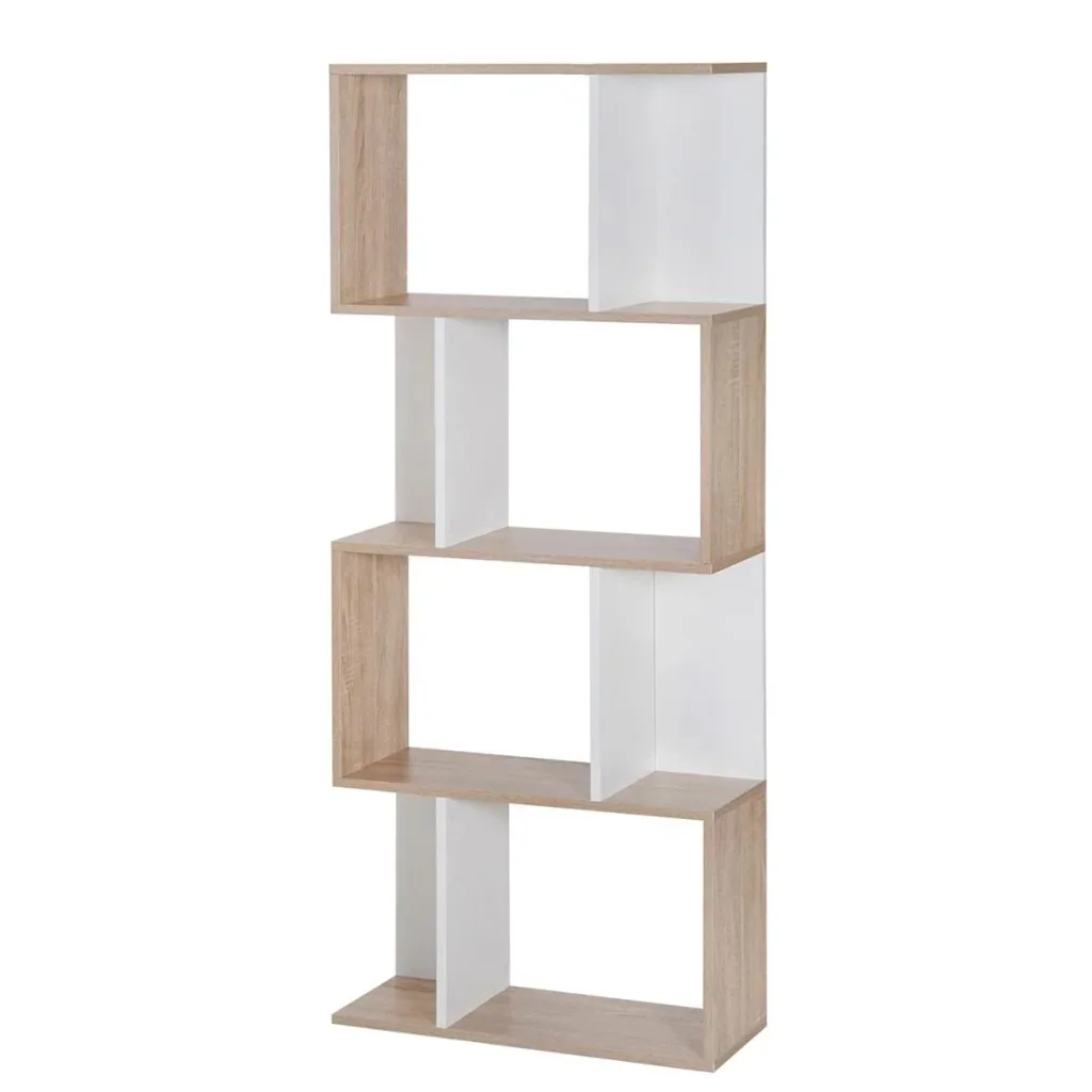 Bücherregal S-förmiges Standregal Lagerregal 4-stufige Vitrine mit Hardware-Schnalle moderner Raumteiler Spanplatte Nat