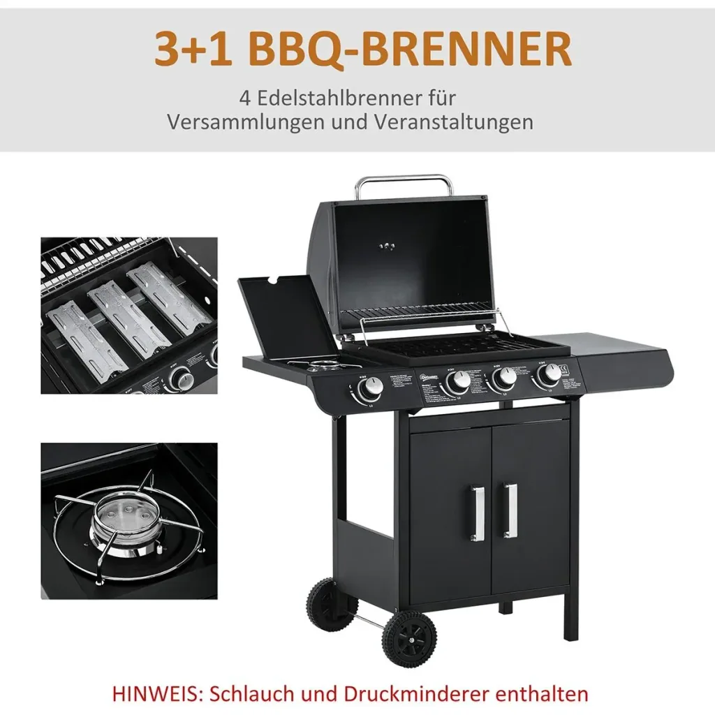 Gasgrill BBQ Grillwagen mit 3 Brennern 1 Seitenbrenner Druckminderer Schläuche Schrank Multifunktion Metall Schwarz 110