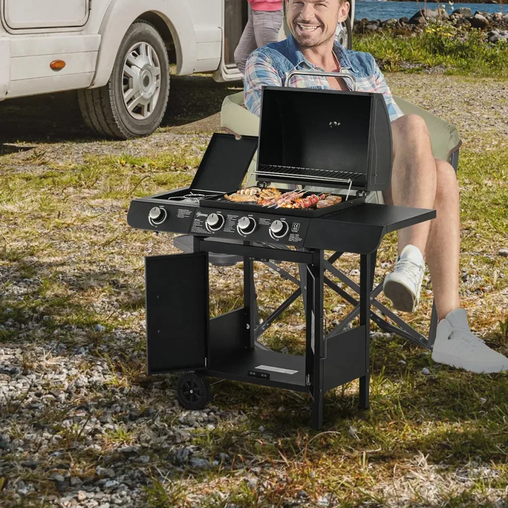 Gasgrill BBQ Grillwagen mit 3 Brennern 1 Seitenbrenner Druckminderer Schläuche Schrank Multifunktion Metall Schwarz 110