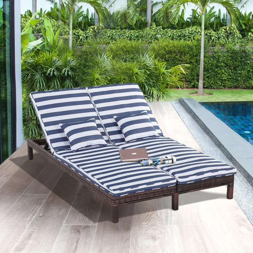 Gartenliege, Doppelliege, Relaxliege für 2 Personen, Luxus Lounge, 5-stufige Rückenlehne, Metall, PE Rattan, Blau, 195 x