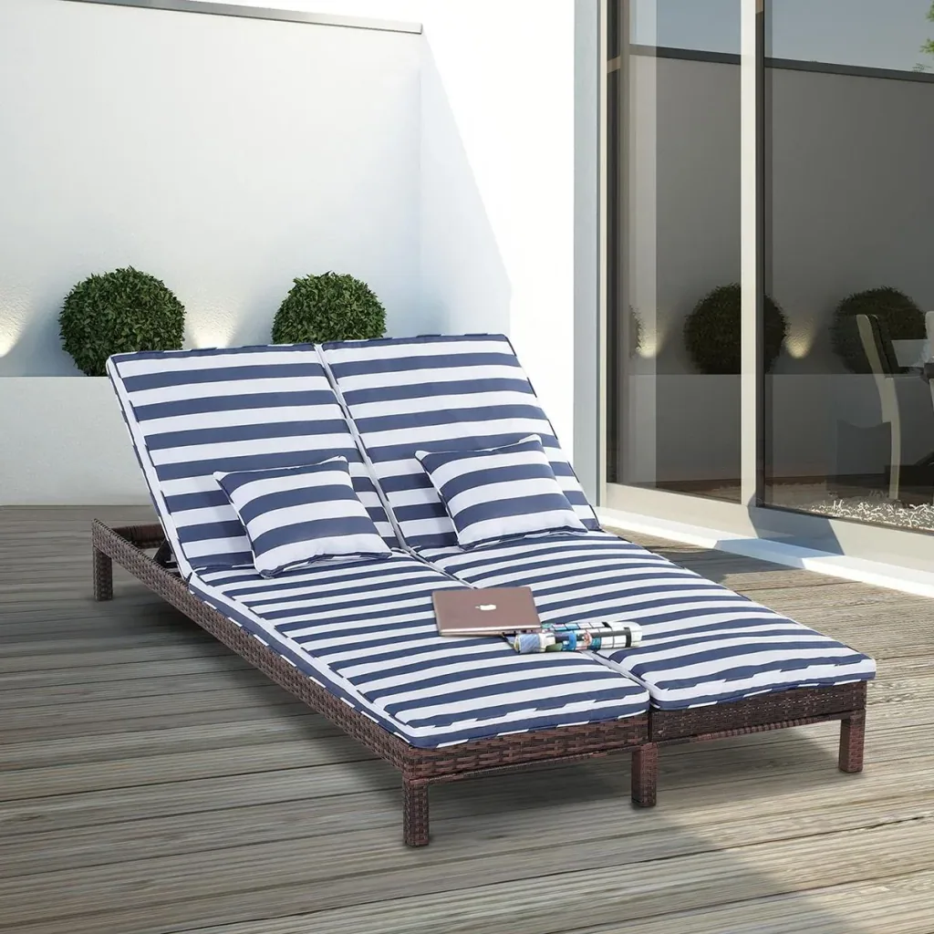Gartenliege, Doppelliege, Relaxliege für 2 Personen, Luxus Lounge, 5-stufige Rückenlehne, Metall, PE Rattan, Blau, 195 x