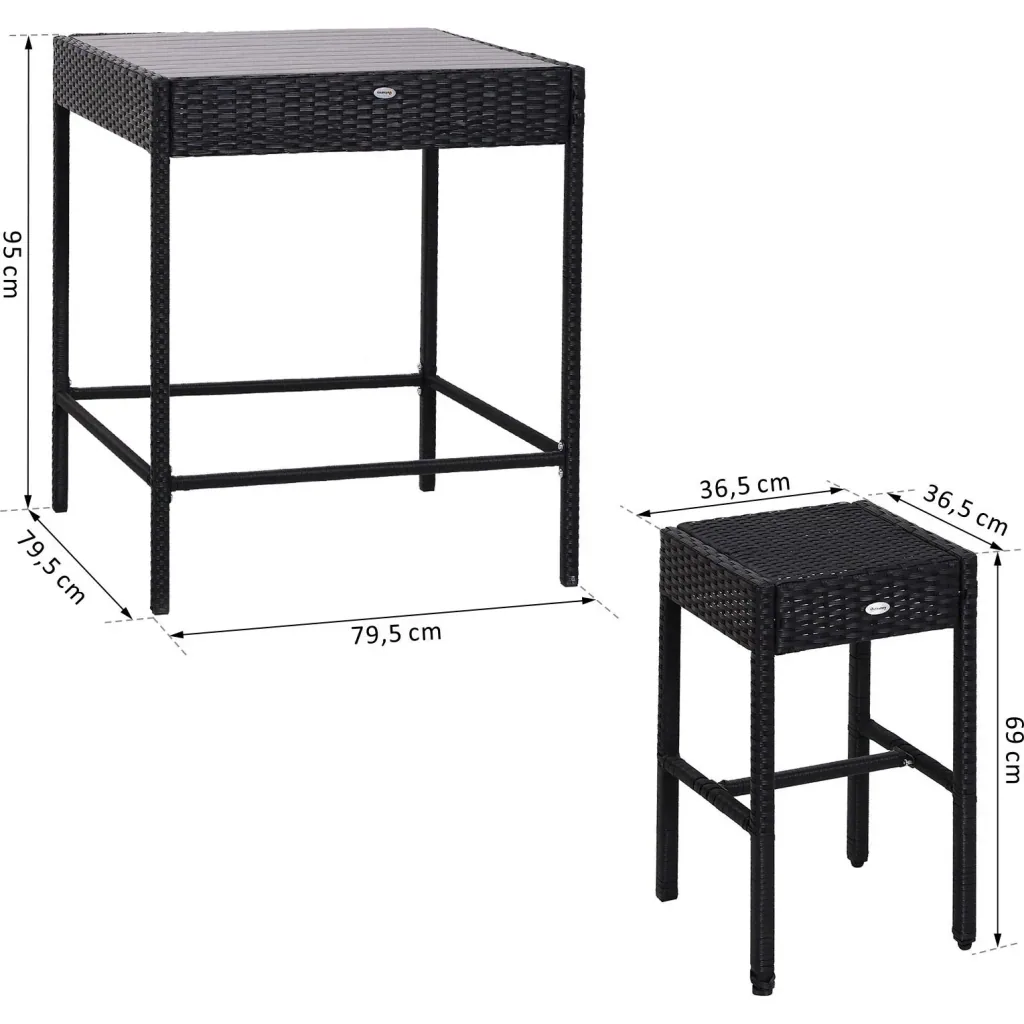 5-teilige Essgruppe Sitzgruppe Esstisch Bistrotisch Bartisch Gartentisch Metall + Polyrattan Schwarz mit 1 Tisch + 4 Hoc
