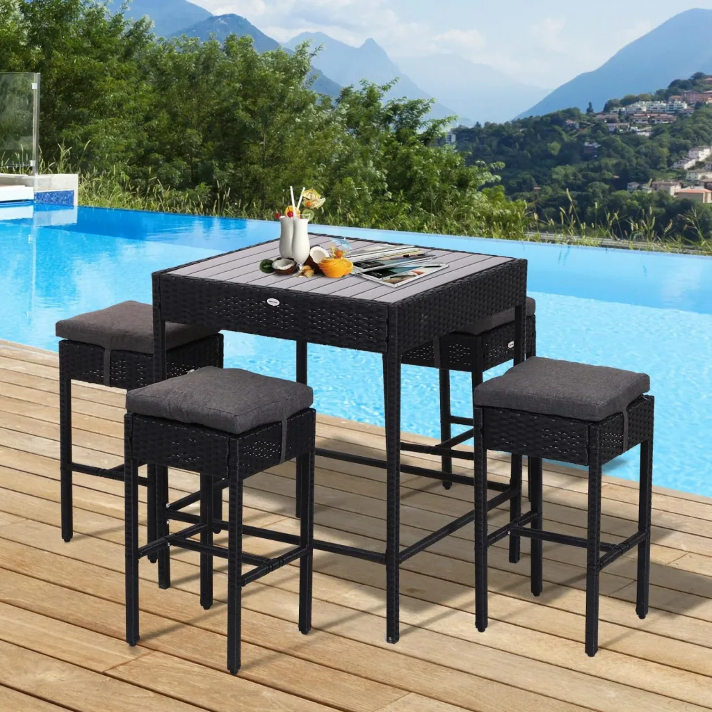 5-teilige Essgruppe Sitzgruppe Esstisch Bistrotisch Bartisch Gartentisch Metall + Polyrattan Schwarz mit 1 Tisch + 4 Hoc