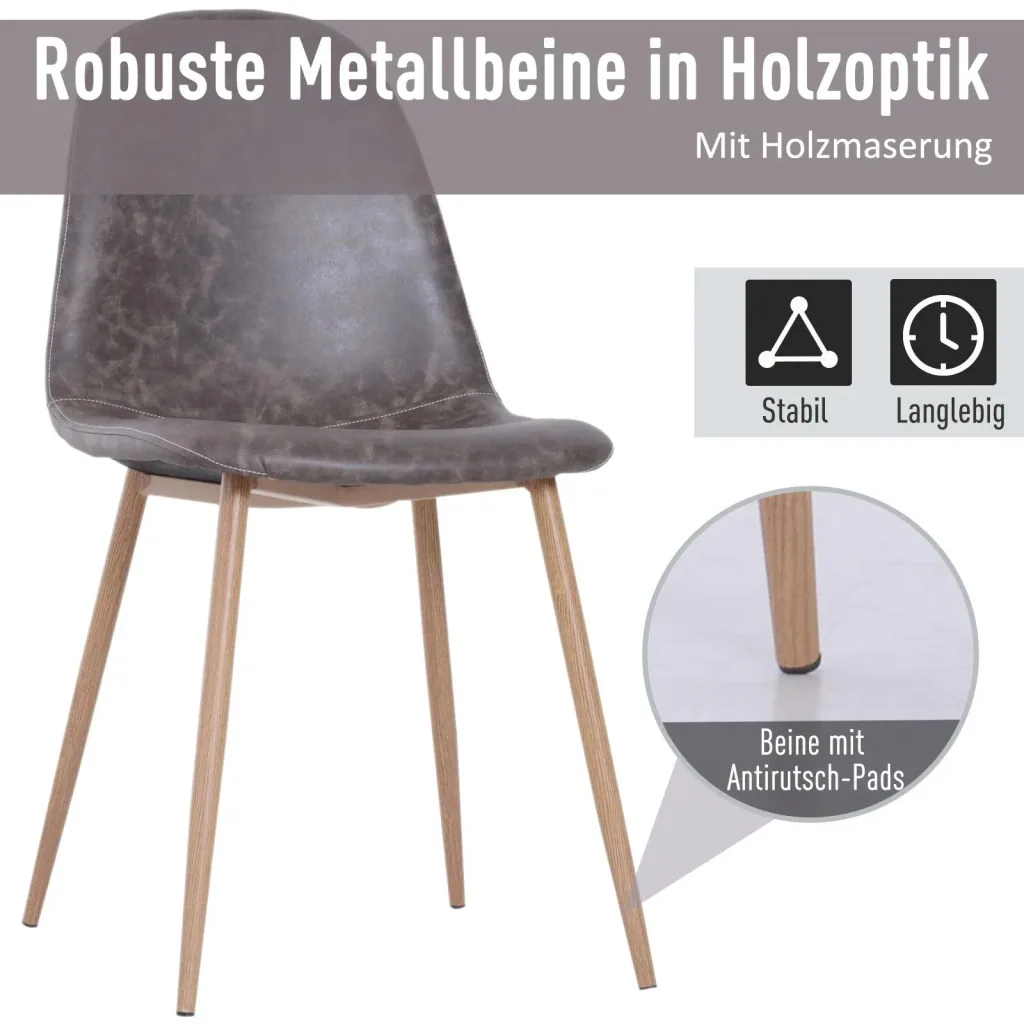 2er-Set Esszimmerstuhl Küchenstuhl mit Rückenlehne Kunstwildleder Sessel Metallbeine Grau