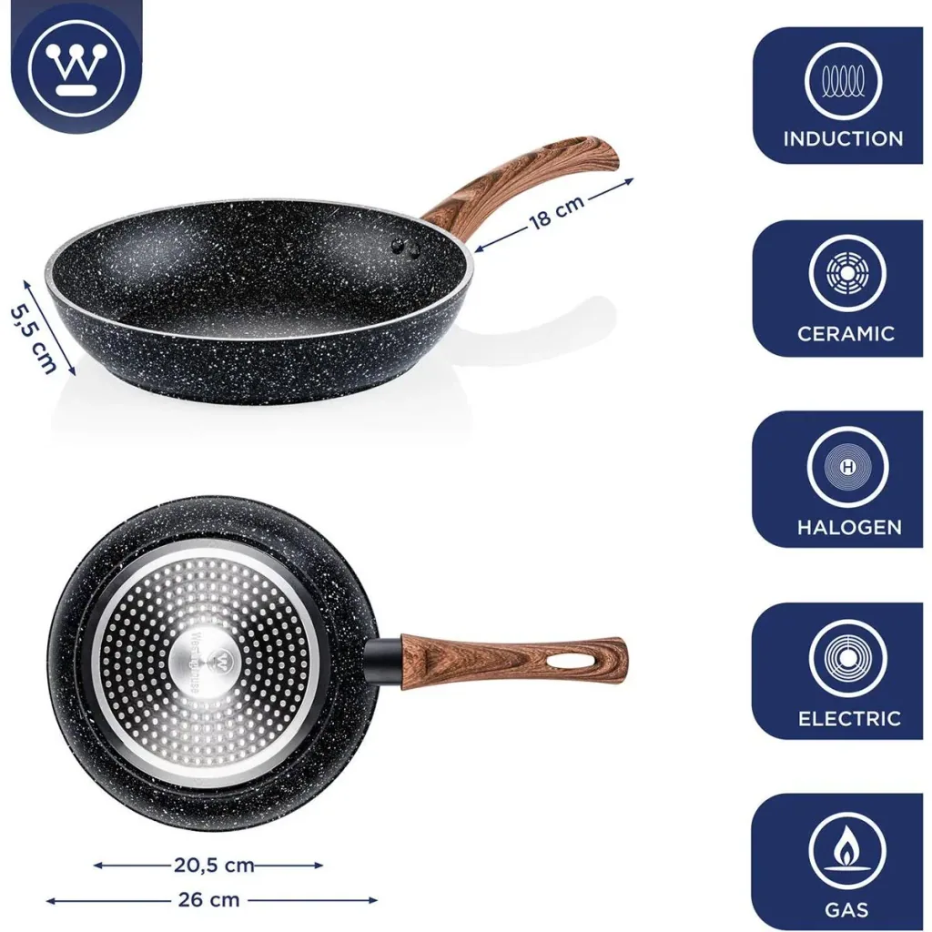 Schwarzer Marmor Holz Töpfe und Pfannen - Bratpfanne 26 cm + Kochpfanne 28 cm - Schwarz