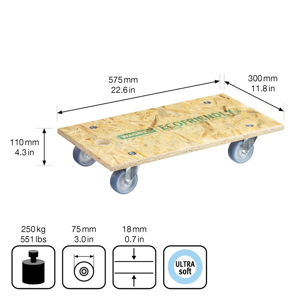 Transporthilfe MM 1173 , 57,5 x 30 x 11 mm, softe Rollen Ø 75 mm, Rollenlager, OSB Platte, CO2-neutral, Tragkraft 250 kg