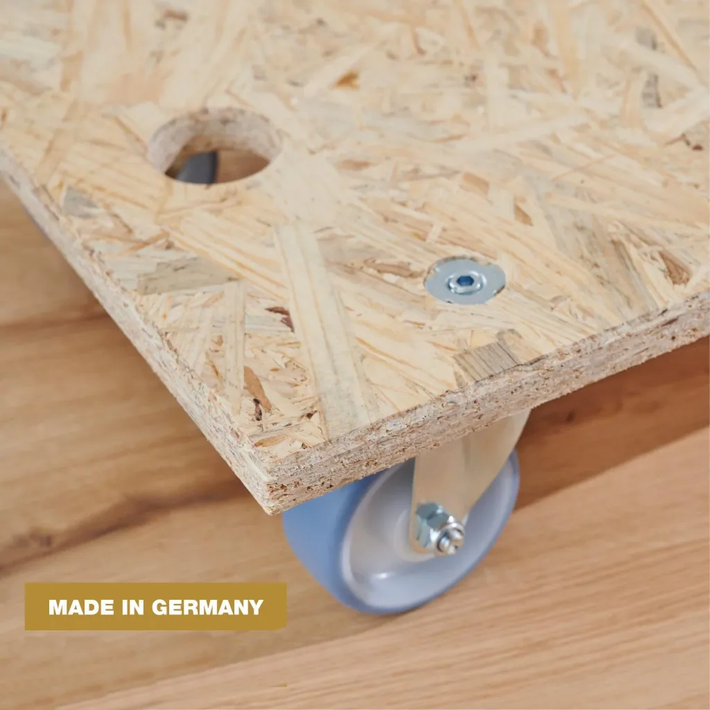 Transporthilfe MM 1173 , 57,5 x 30 x 11 mm, softe Rollen Ø 75 mm, Rollenlager, OSB Platte, CO2-neutral, Tragkraft 250 kg