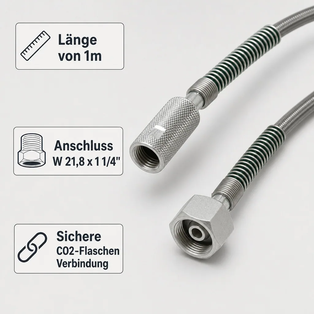 Hochdruckschlauch - CO2 für Wandarmatur - 1m - Sechskant und Handanzugsrändelmutter