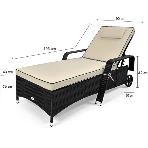 Polyrattan-Liege 193 x 90cm, verstellbare Rückenlehne, mit Kissen