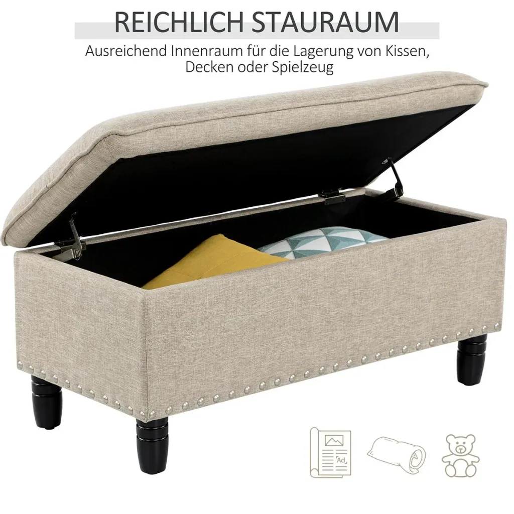 Sitzbank Polsterbank mit Stauraum Truhenbank Polyester Eukalyptusholz Beige 99 x 48 x 48 cm