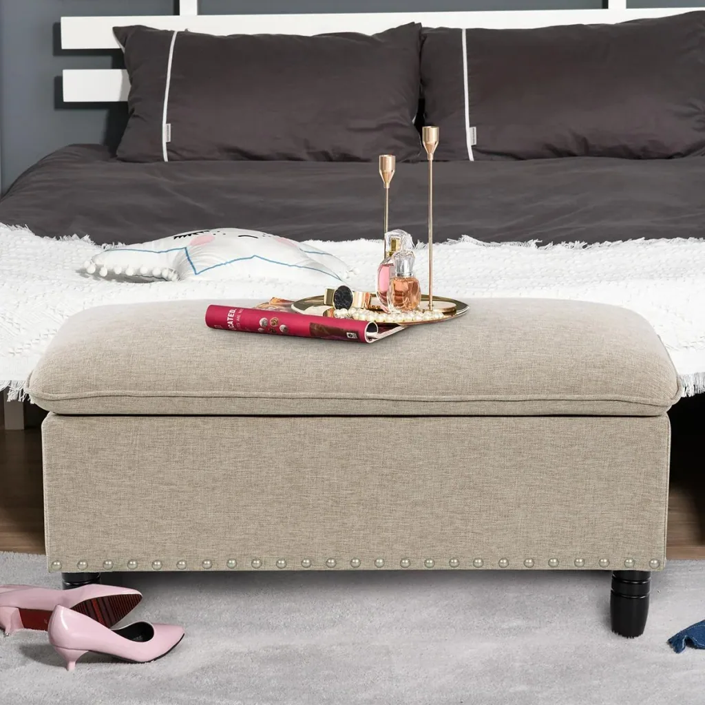 Sitzbank Polsterbank mit Stauraum Truhenbank Polyester Eukalyptusholz Beige 99 x 48 x 48 cm
