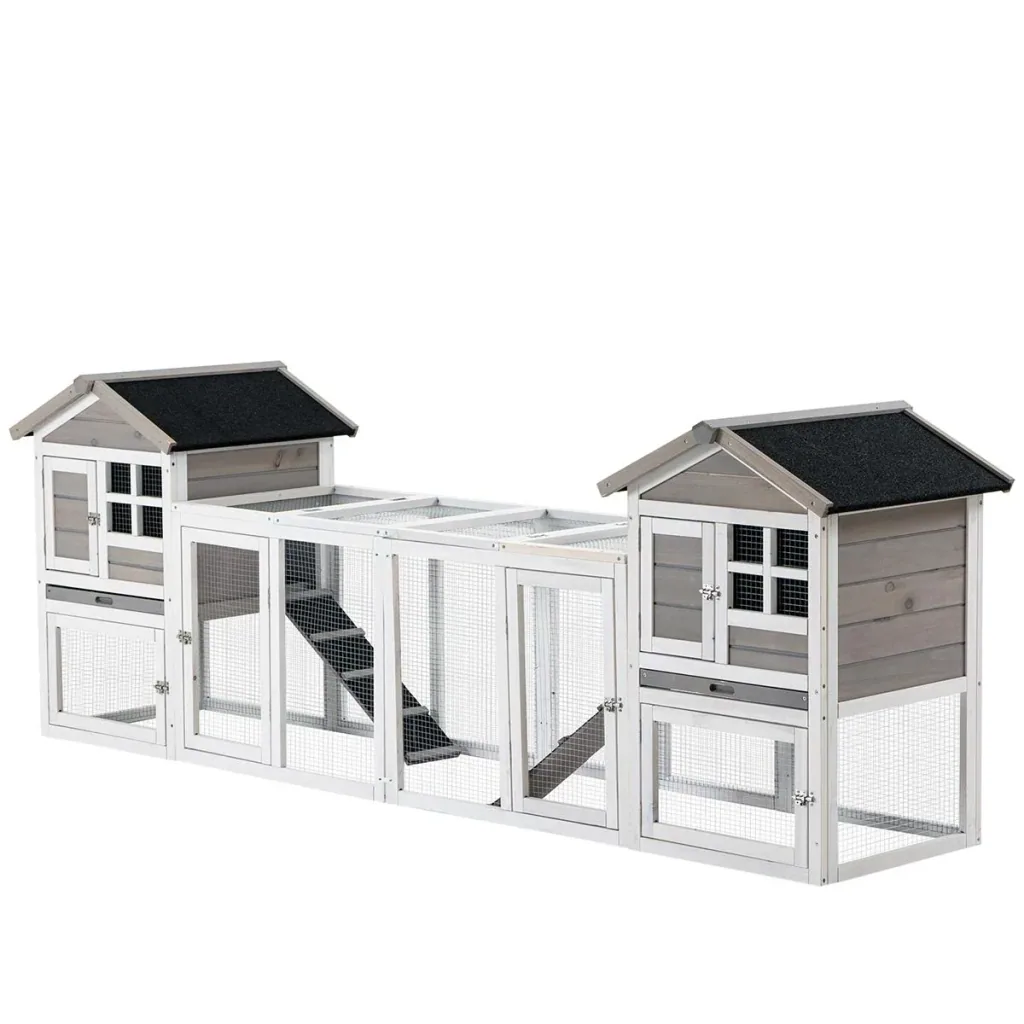 Kaninchenstall Kombination XXL Stall mit Rampe zwei Etagen für 2-4 Kaninchen Kiefernholz Asphalt 259 x 64 x 92 cm