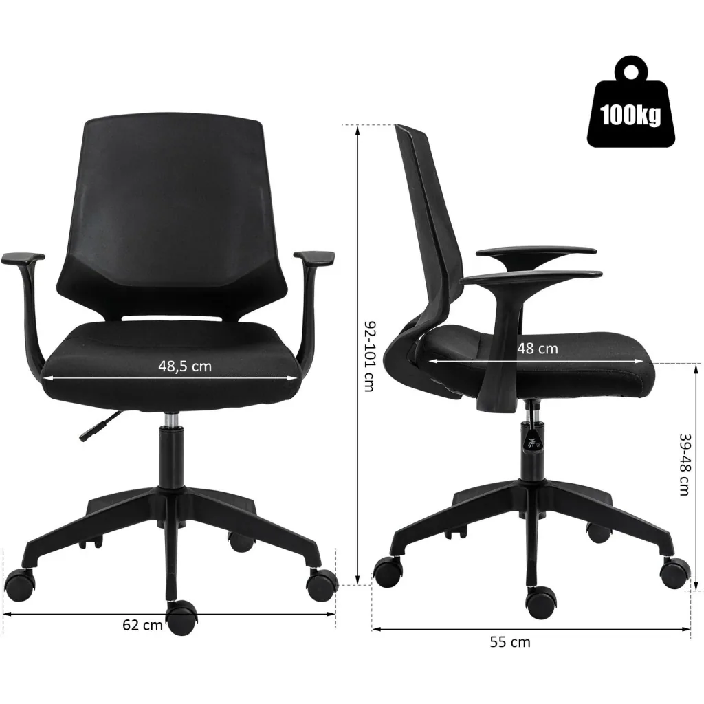 Drehstuhl Bürostuhl Schreibtischstuhl rollbar höhenverstellbar ergonomisch gepolstert Schwarz 62 x 55 x (92 101) cm