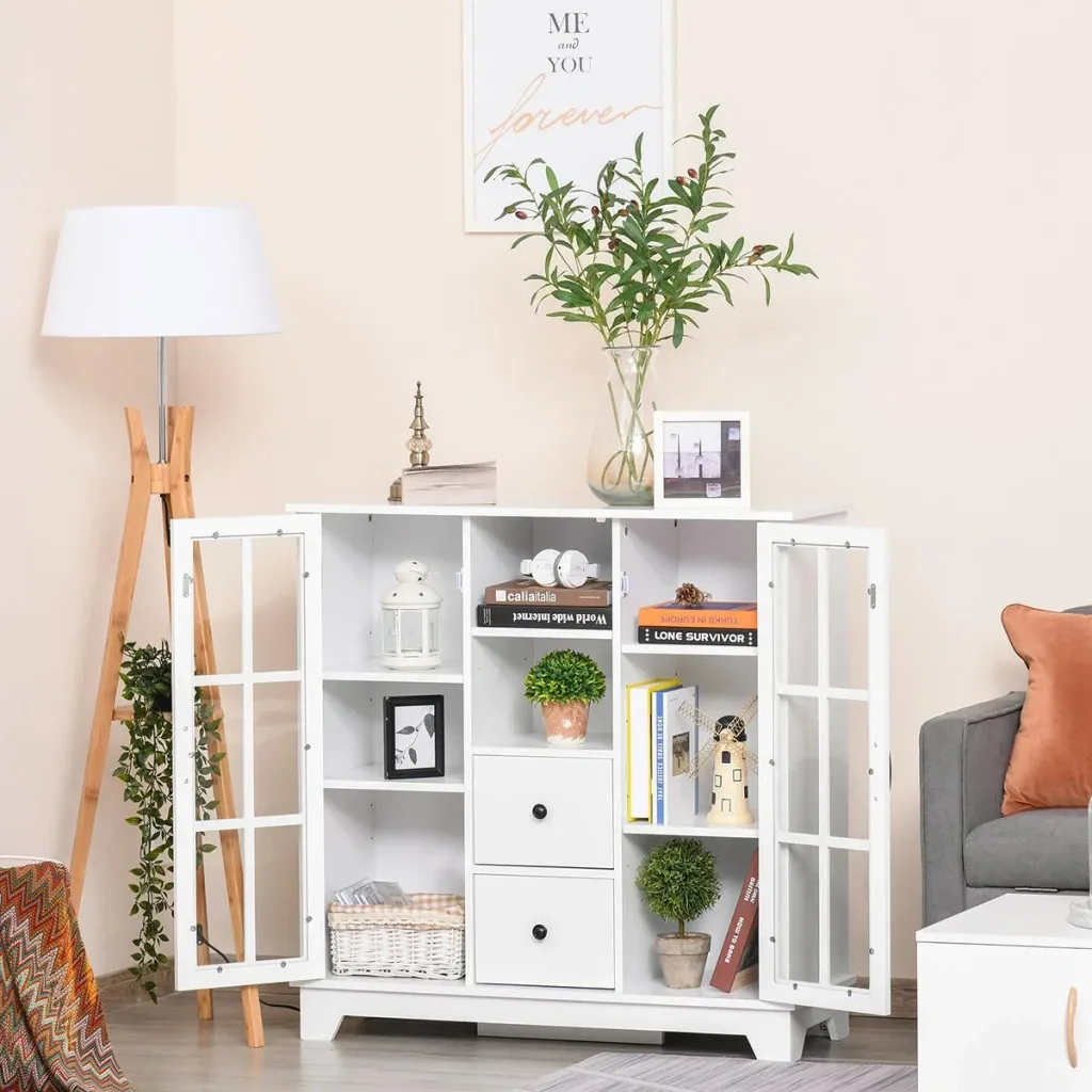 Küchenschrank Sideboard Aufbewahrungsschrank modern elegant mit 2 Schubladen und Glastüren für Esszimmer Wohnzimmer MDF