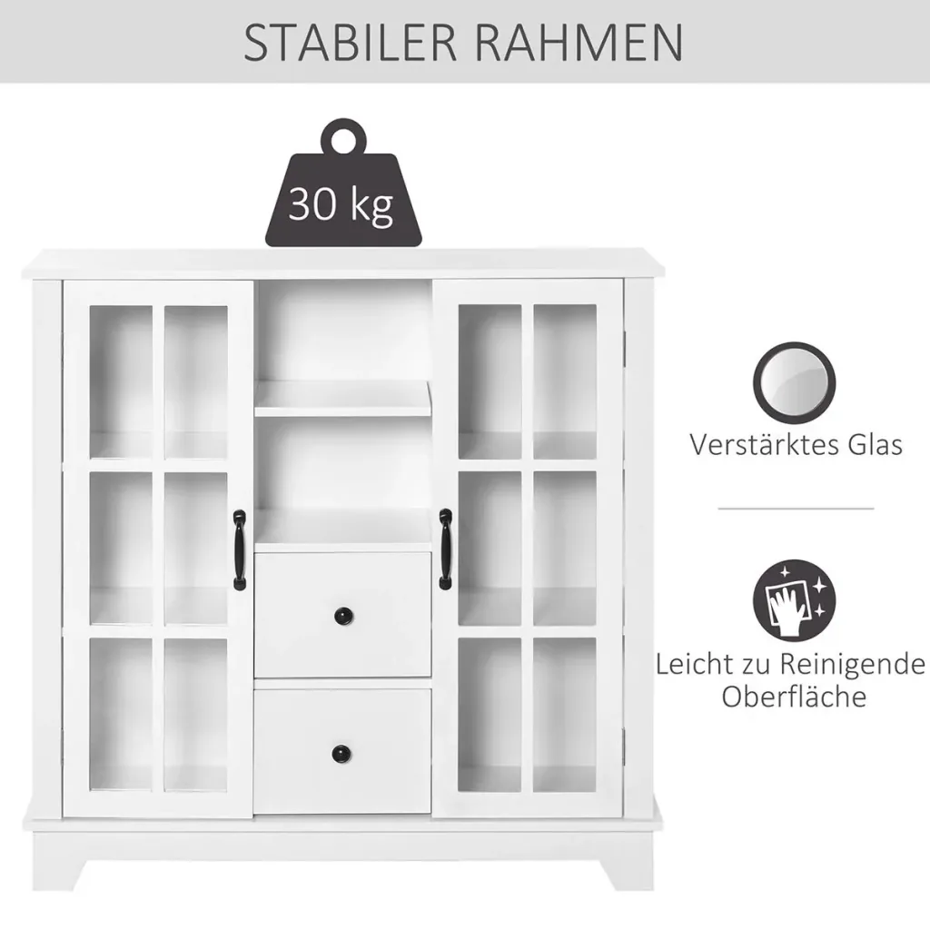 Küchenschrank Sideboard Aufbewahrungsschrank modern elegant mit 2 Schubladen und Glastüren für Esszimmer Wohnzimmer MDF