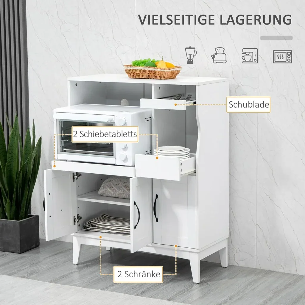 Küchenschrank Sideboard Aufbewahrungsschrank modern elegant mit 2 Schubladen und Glastüren für Esszimmer Wohnzimmer MDF