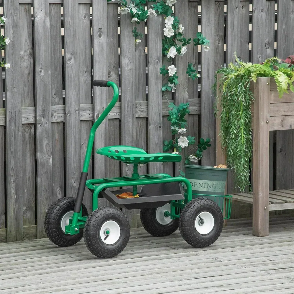 Gartenwagen mit Rollsitz bis 150 kg mit Ablage Korb für kleine Gartengeräte Werkstattwagen fahrbar Gartensitz Richtung s