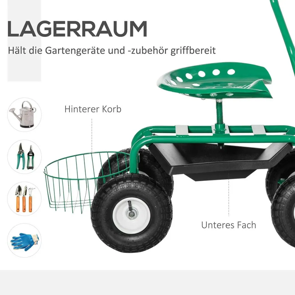 Gartenwagen mit Rollsitz bis 150 kg mit Ablage Korb für kleine Gartengeräte Werkstattwagen fahrbar Gartensitz Richtung s