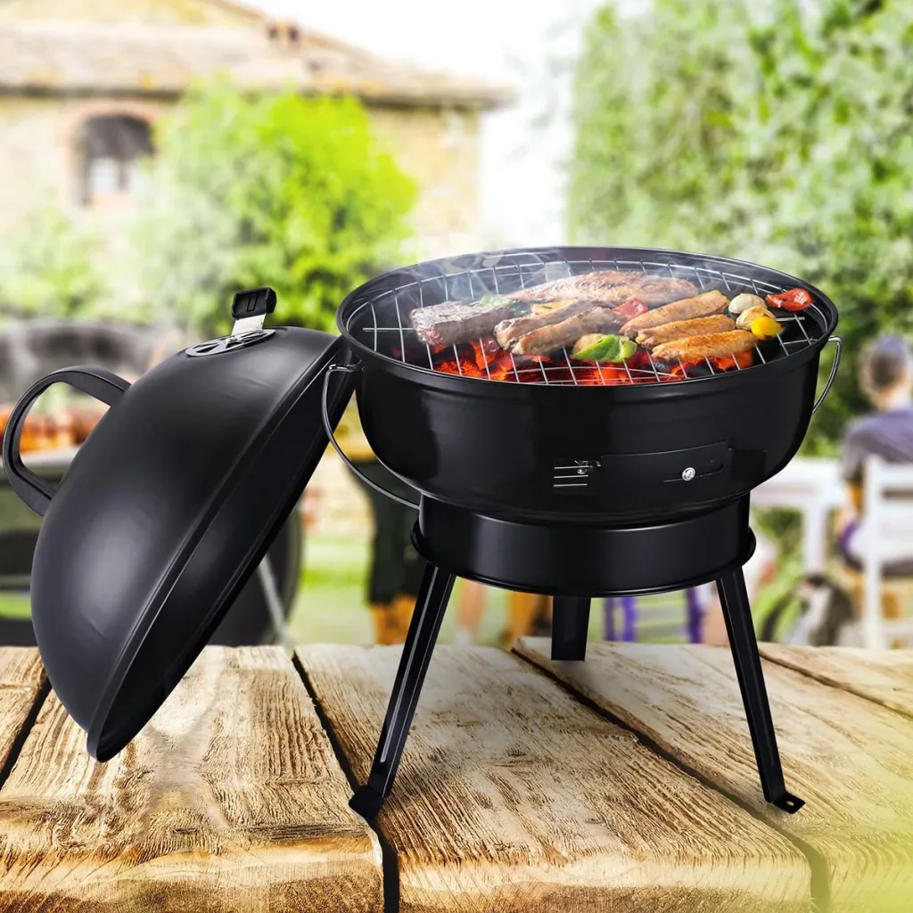 Kugelgrill Holzkohlegril Windschutz Dreibeinfuß Camping Picknick tragbar Metall Schwarz Ø36,5 x 54 cm Holzkohlegrill Gri