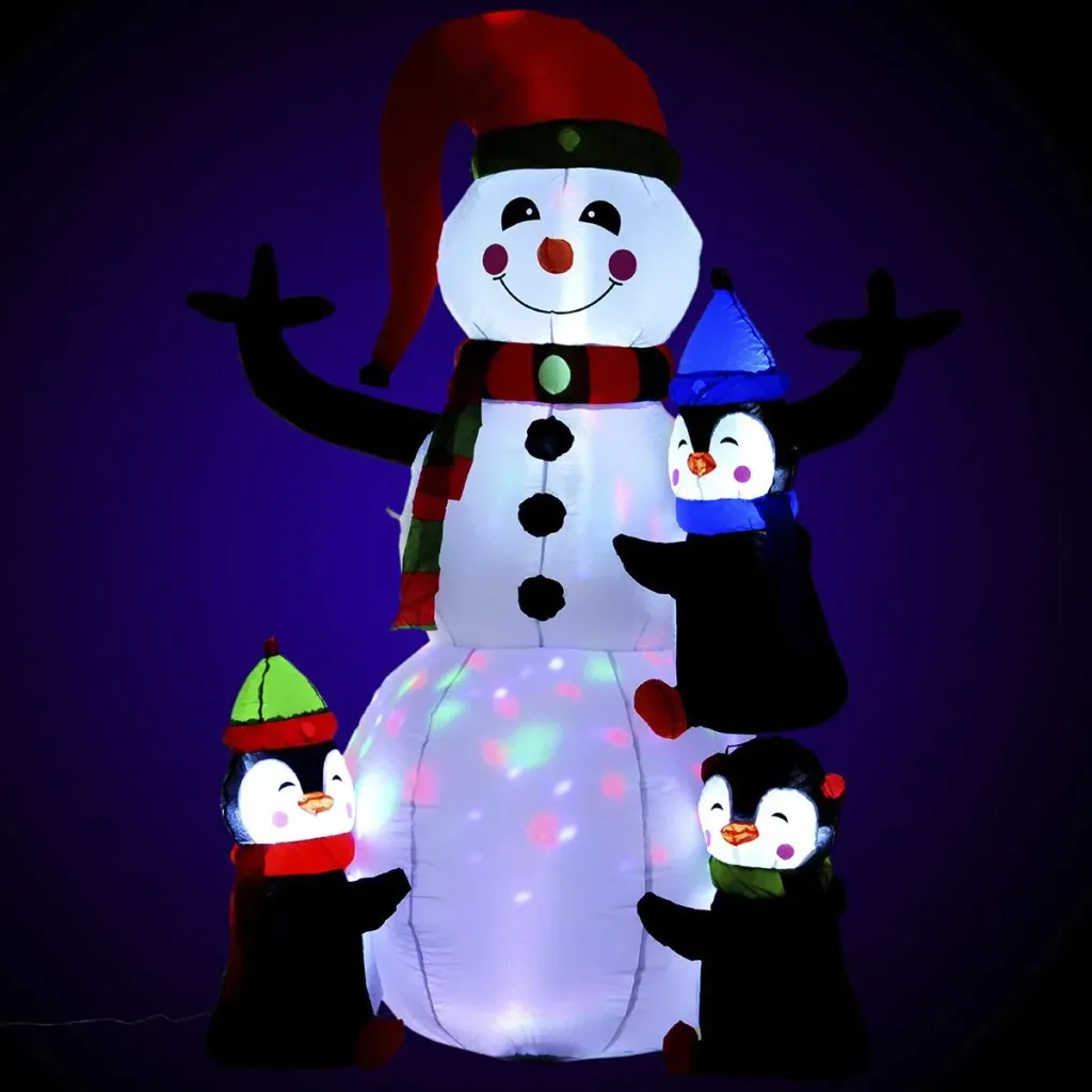 Aufblasbarer LED Schneemann mit 3 Pinguinen bunt