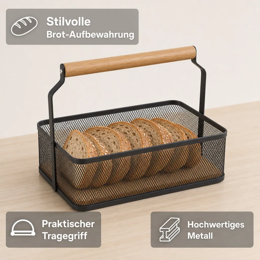 Brotkorb, Aufbewahrungskorb - mit Tragegriff, 23,5 x 15,6 x 7,5 cm, Farbe: schwarz